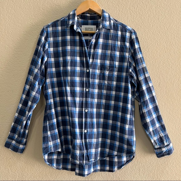GRAYSON Womens Sz 3 M The Hero Button Down Blue Plaid Nautical Casual Relaxed - Picture 1 of 7